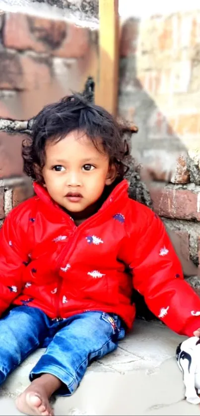 Adorable child in red jacket sitting against a brick wall.