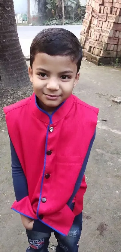 Young boy smiling in a red vest outdoors.