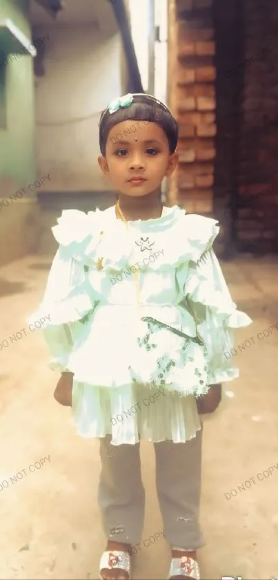 Charming child in pastel green dress standing in a rustic alleyway.