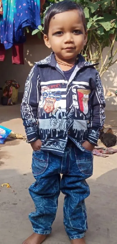 Young child in village setting with blue jeans and vibrant shirt outdoors.