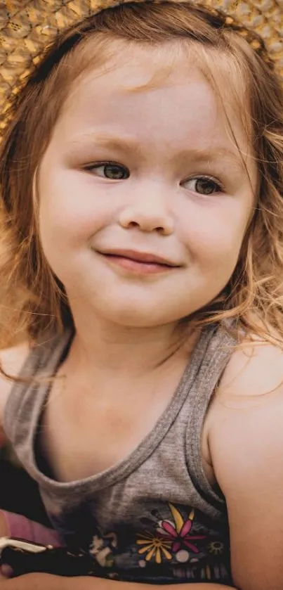 Smiling child in straw hat against blurred background.