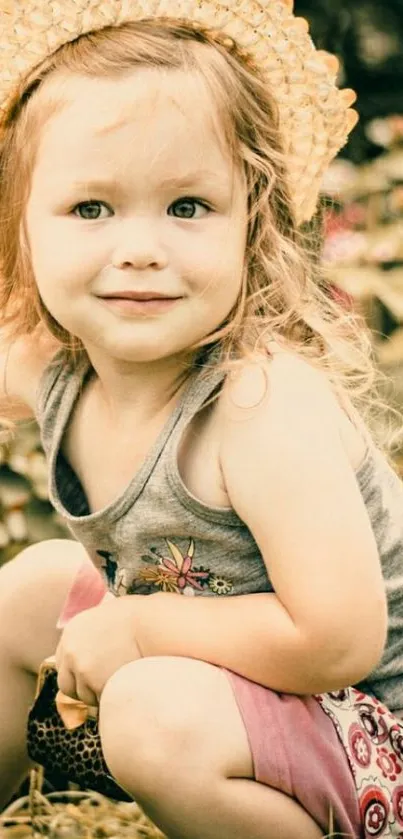 Charming child wearing a straw hat, smiling in a garden.