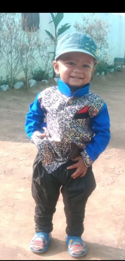 Smiling child in a stylish blue outfit, outdoors.