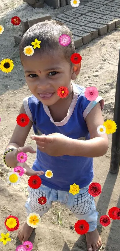 A joyful child playing outdoors under sunlight.