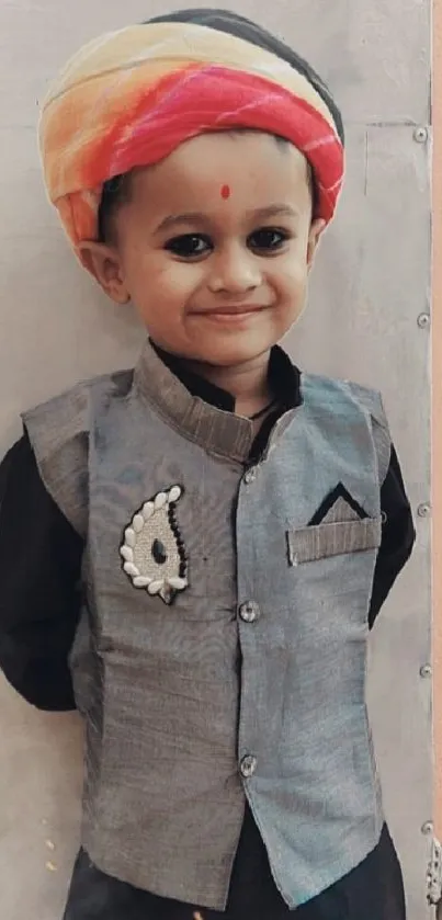 Smiling child in traditional attire with a colorful turban.