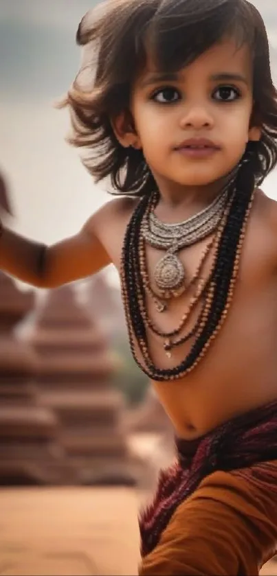 Charming child in traditional attire posing outdoors.