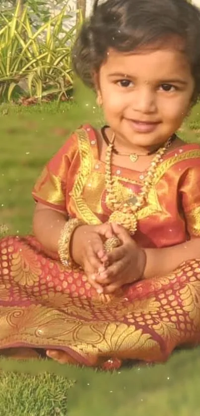 Toddler in red traditional attire on grass.