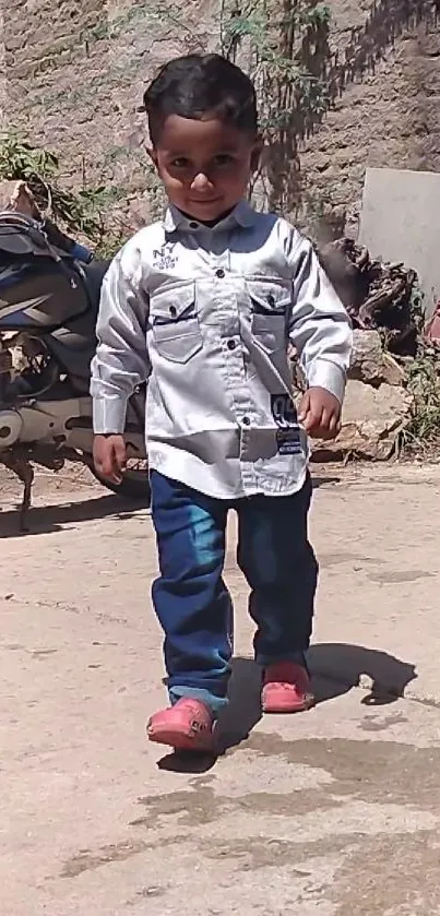 Child walking confidently in an urban alleyway.