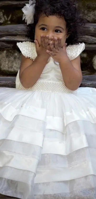 Adorable child in white dress on stairs