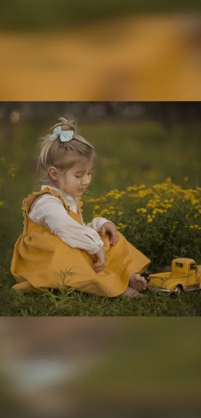 Young child in yellow dress playing in flower field.