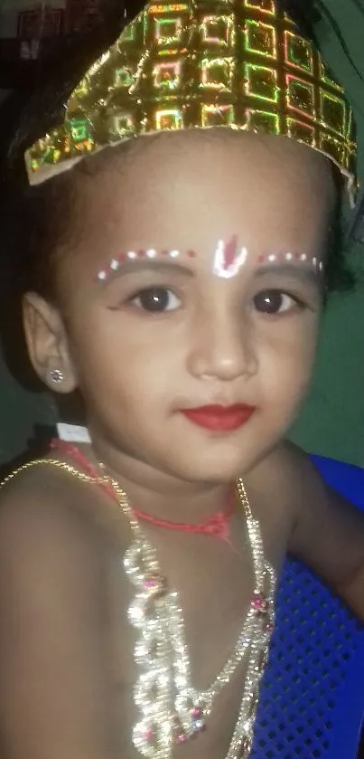 Child dressed as Krishna in colorful attire with crown.