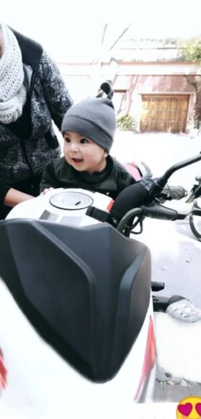 Child smiling on a white motorbike, with a joyful expression.