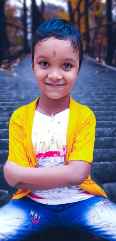 Charming child in yellow jacket on stone stairs.