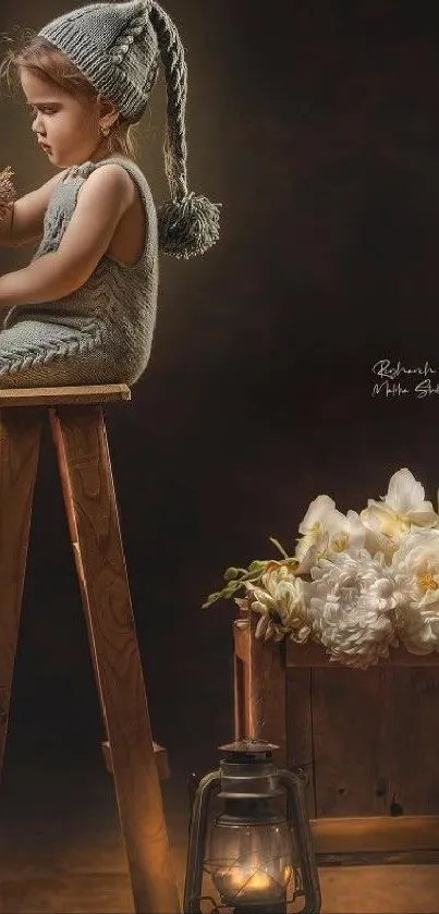 A child sits on a stool adorned with flowers, enveloped in soft warm light.