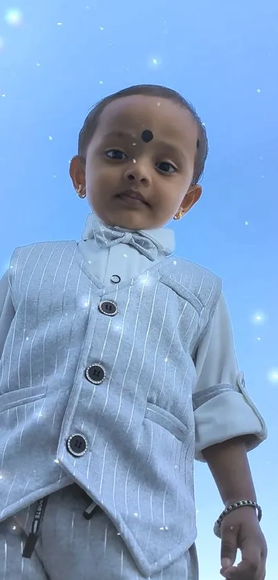 Child in stylish attire against blue sky.