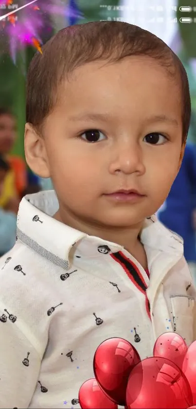 Portrait of a young child with balloons and vibrant background design.