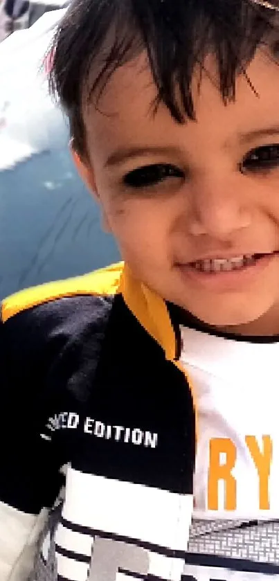 Portrait of a smiling child in navy blue and white outfit.