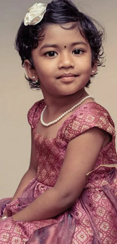 Young child in a pink traditional dress with a gentle smile.