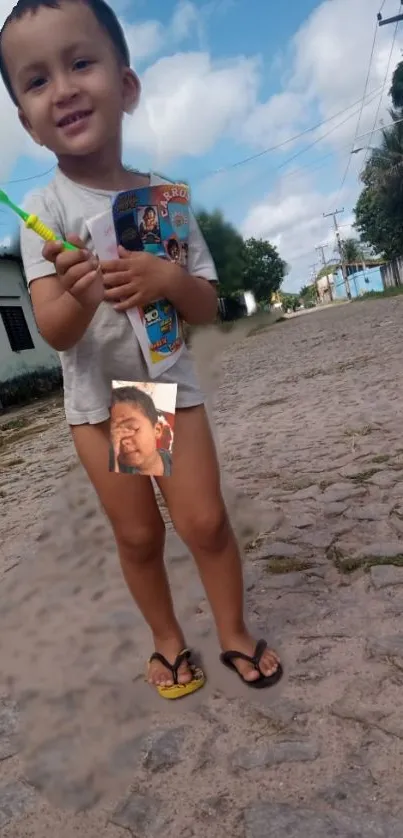 Charming child with toy on rustic street.