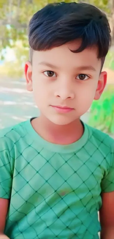 Young boy smiling outdoors in a green shirt.