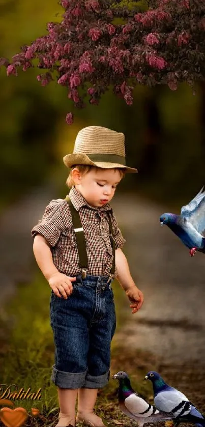 Little boy in hat with birds and pink blossoms.