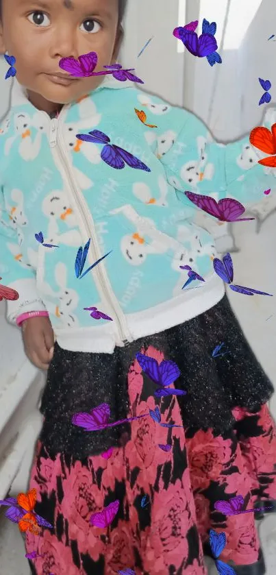 Child with colorful outfit and butterflies around for a lively look.