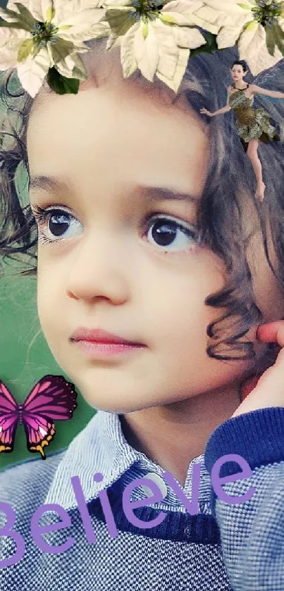 Child with floral headband in a green field, exuding innocence and beauty.