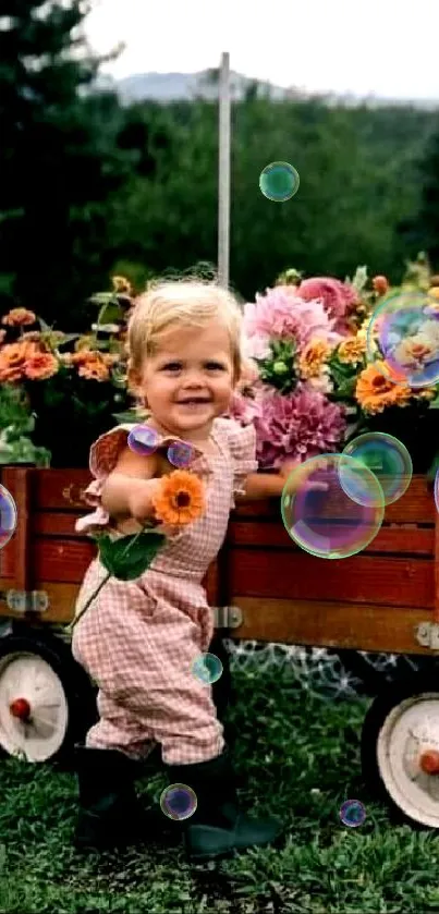 Smiling child with a cart full of colorful flowers in the garden.