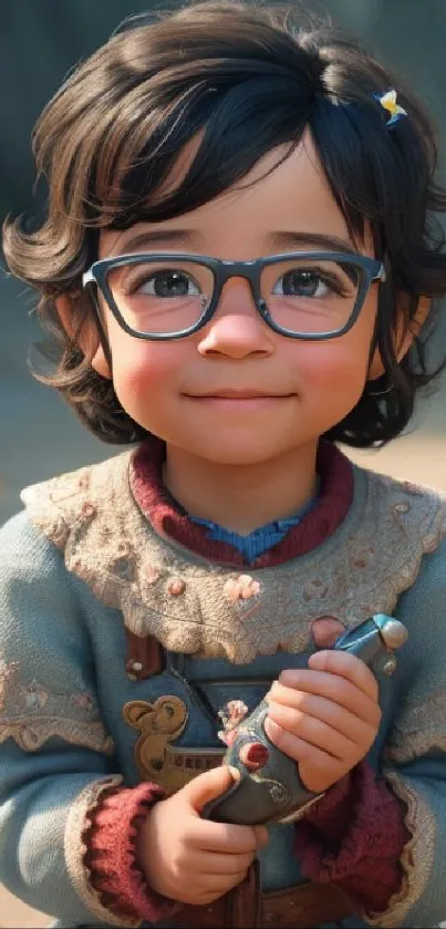 Charming child with glasses, curly hair, and vintage outfit wallpaper.