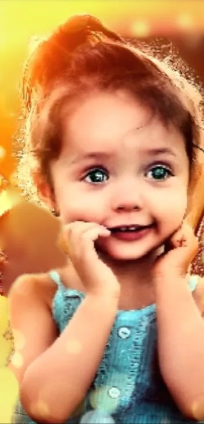 Cute child with sparkling golden background, joyful and charming.