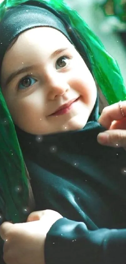 Smiling child with a green veil under soft lighting, capturing innocence.