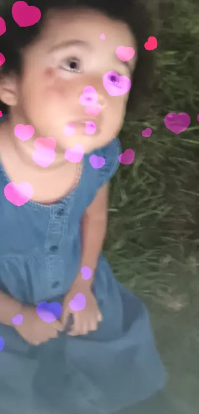 Child in blue dress with pink hearts on grass.