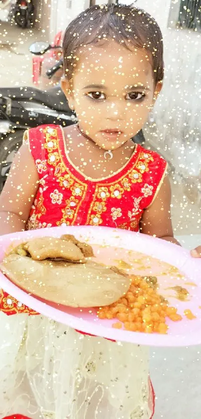 Child holding a plate with traditional attire.