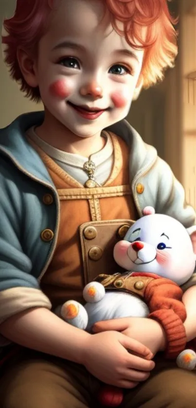 Smiling child holding plush toy in warm, cozy room light.