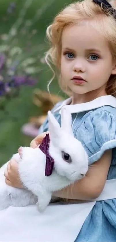 Girl in blue dress holding a white bunny in a garden setting.