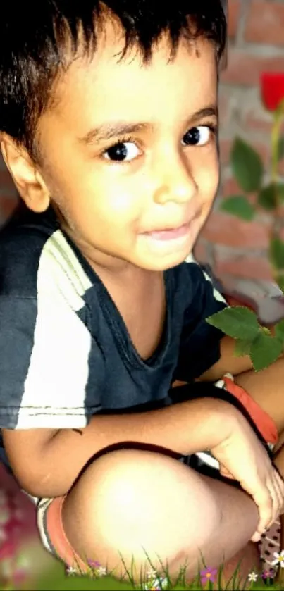 Smiling child holding a red rose.