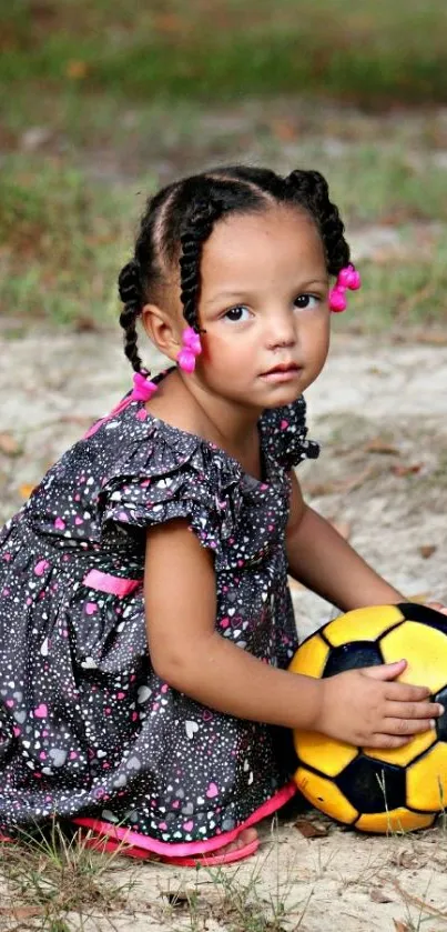 Young girl in a dotted dress with a soccer ball on grass.