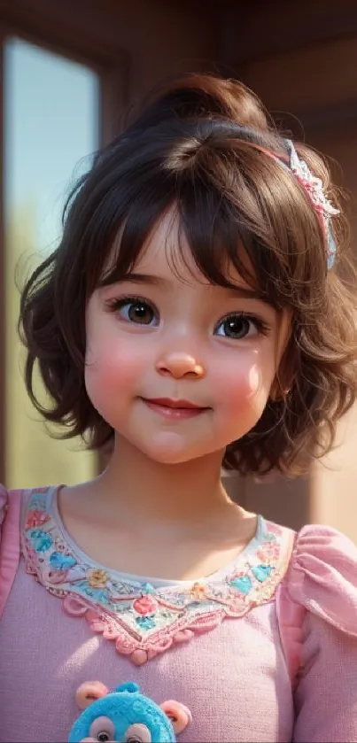 Adorable child in pink dress holding a blue teddy bear.