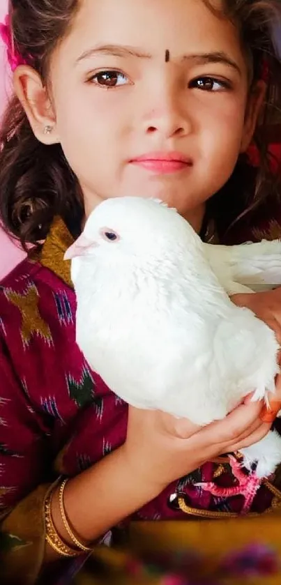 A child holds a white dove, evoking innocence and peace in a heartwarming portrait.