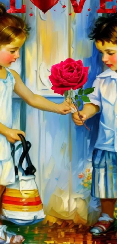 Children exchanging a rose in a colorful classic painting.