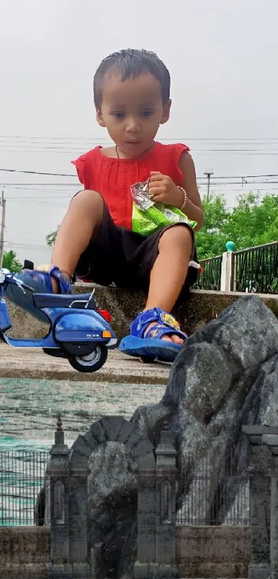 Child sitting outdoors with a toy scooter and greenery background.