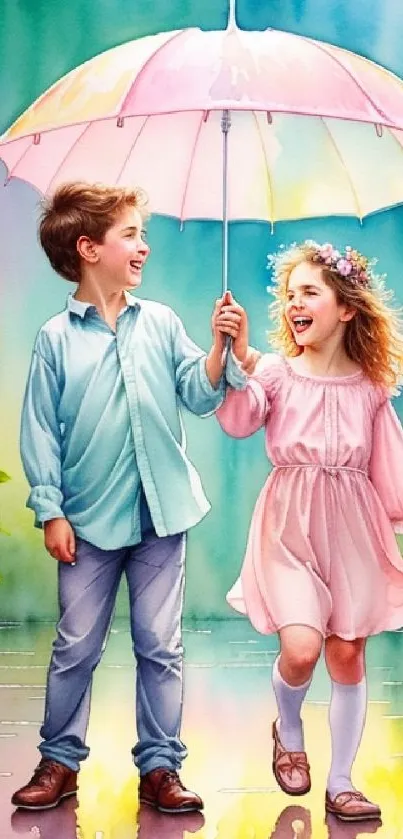 Children with a pastel umbrella in a vibrant watercolor scene.