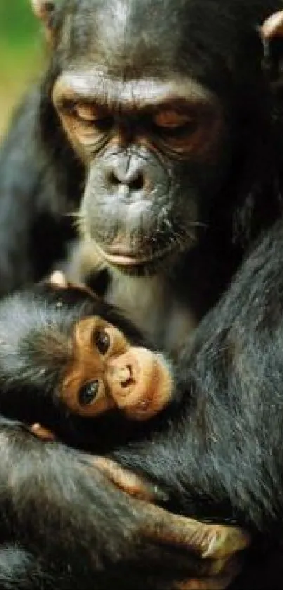 Chimpanzee mother cuddling her baby.