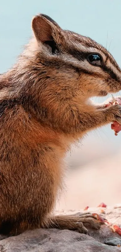 Chipmunk eating on a rock with a blurred background.