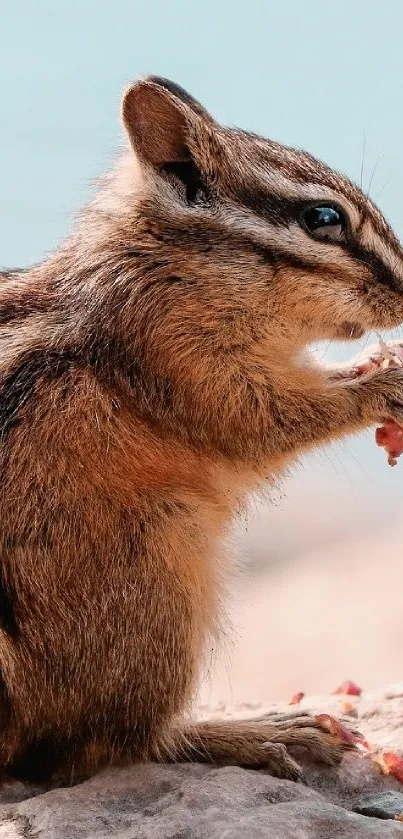 Cute chipmunk holding food on a rock.