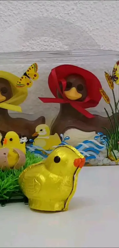 Chocolate ducks with colorful hats and whimsical ducklings on display.