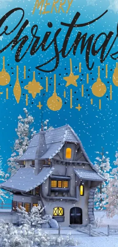 Charming Christmas cottage amidst snowy winter landscape with festive decor.