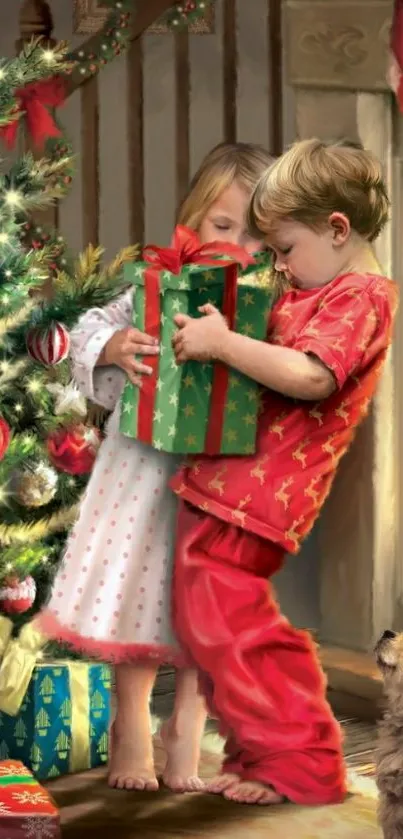 Children by a Christmas tree with gifts and a cozy fireplace.