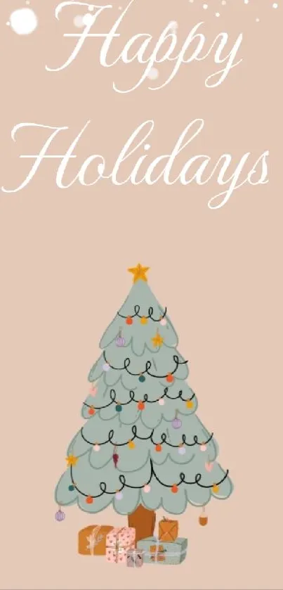 Happy Holidays wallpaper with illustrated Christmas tree and presents.