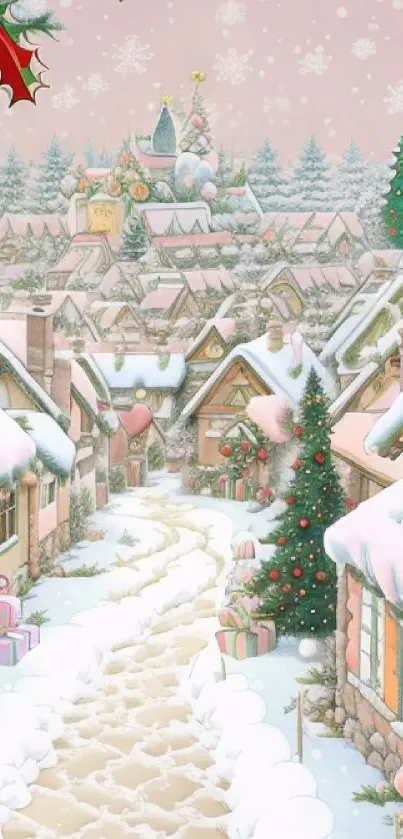 Charming Christmas village with snow-dusted cottages and holiday decorations.